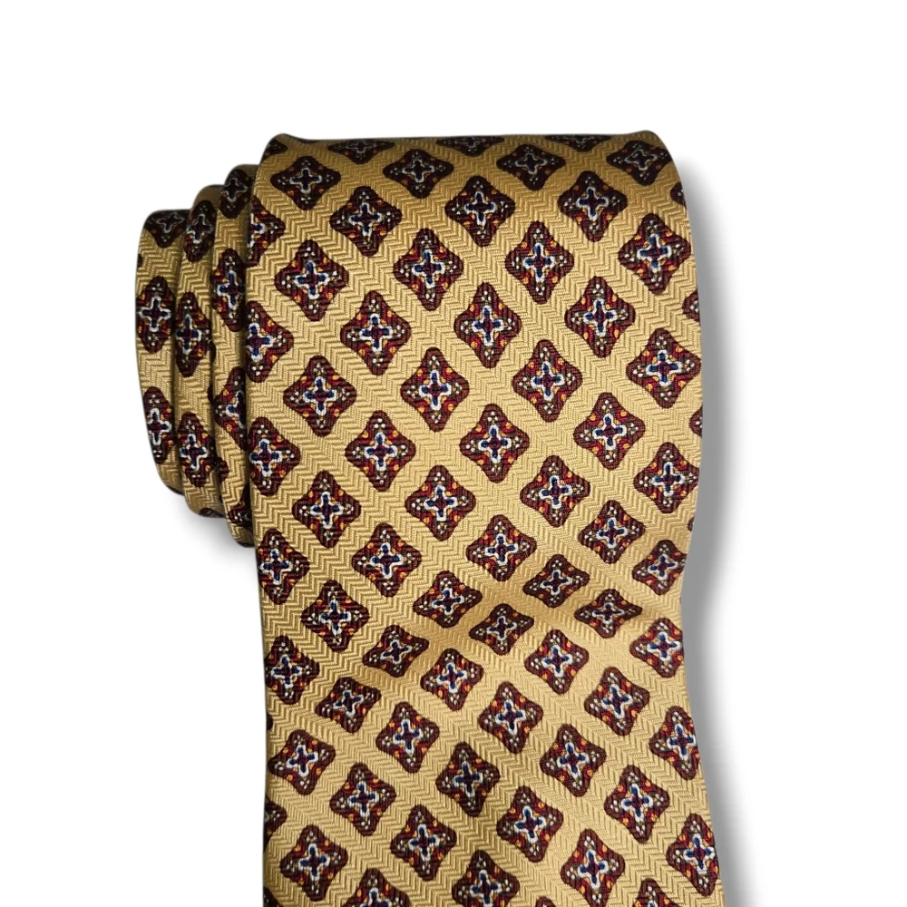 Oscar de la Renta Mens 100% Silk Tie Yellow Burgundy Navy Print Made In USA